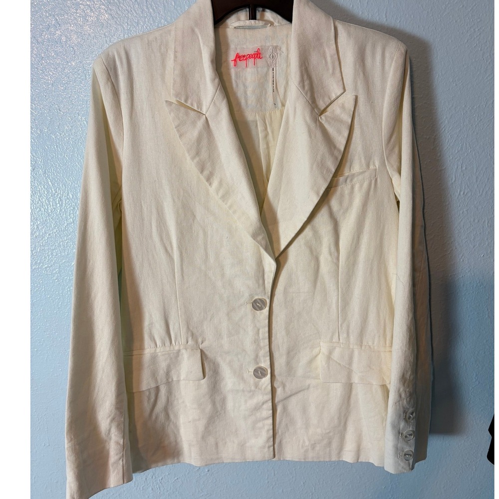 Free People Linen Cotton Blend Blazer Jacket Ivory XS Pockets Tailored Coastal